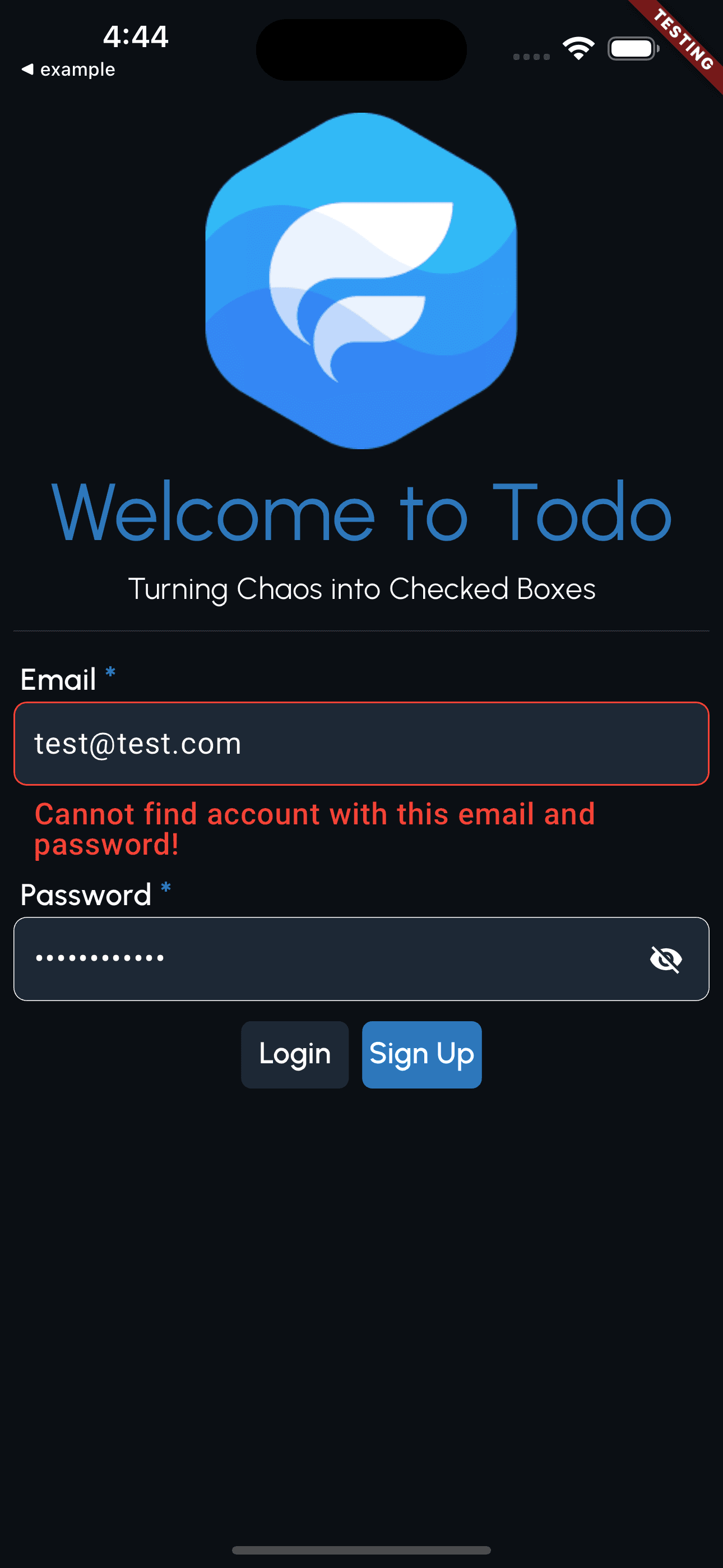 Login Page with a login error